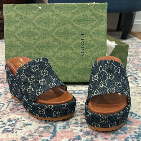 Gucci Women's Blue Wedge Sandals - Picture 1 of 8